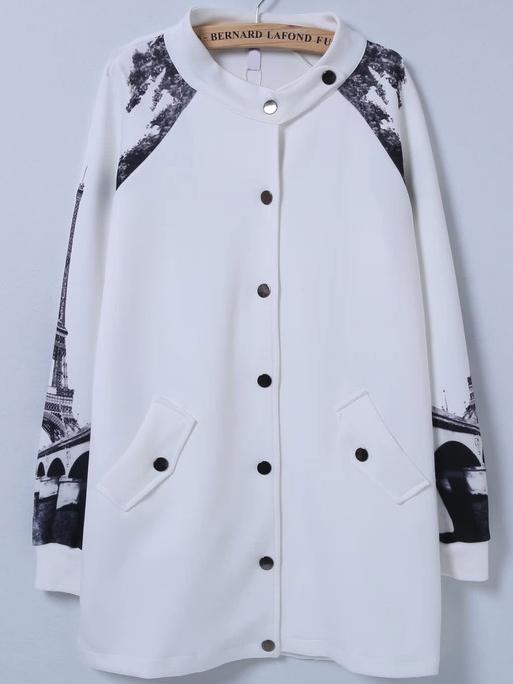 Romwe Tower Print Single Breasted White Coat