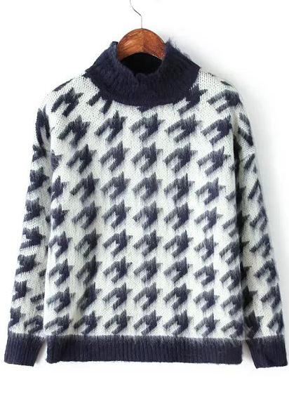 Romwe Stand Collar Houndstooth Knit Navy Sweater