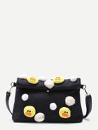 Romwe Black Embellished Roll Top Woolen Shoulder Bag With Little Chicken Detail