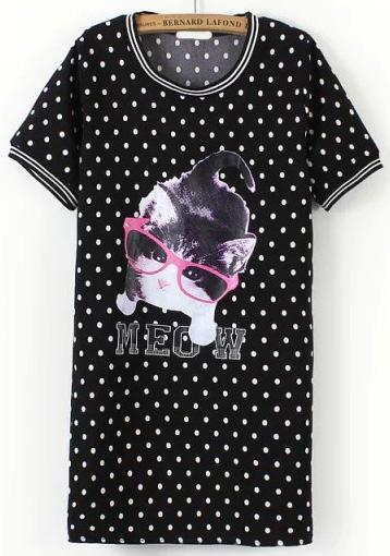 Romwe Cat Print Polka Dot Shift Black Dress