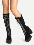 Romwe Black Lace Up With Full Zip Platform High Heel Tall Boots