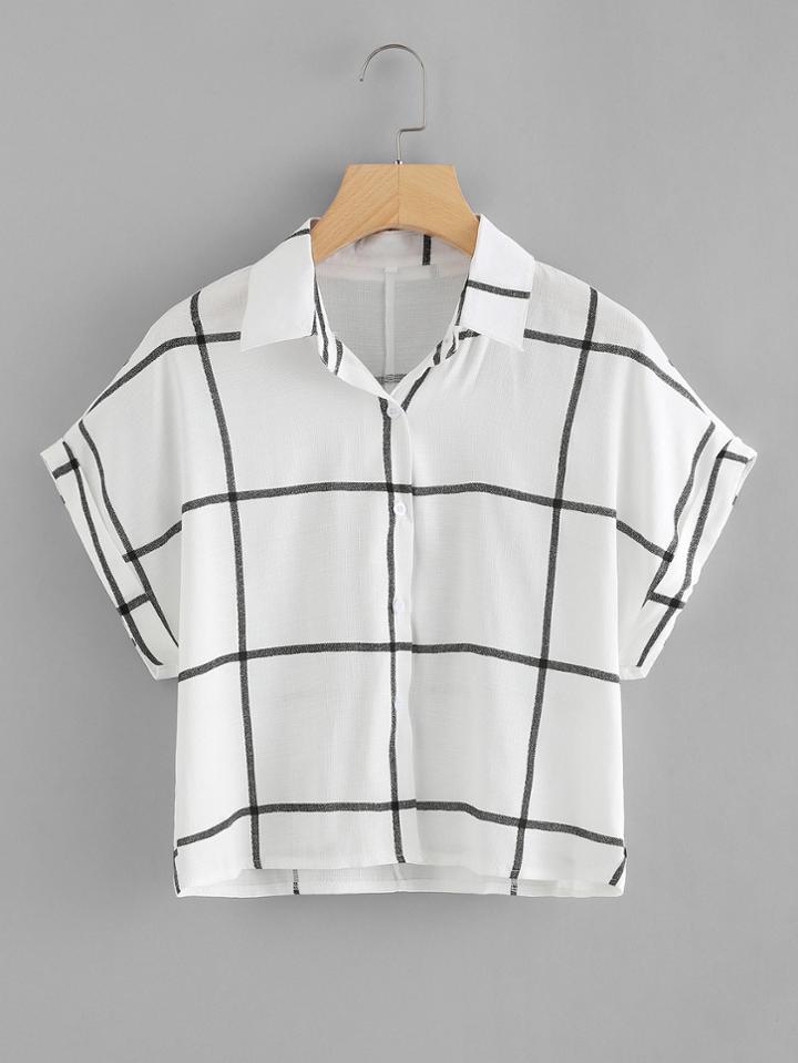 Romwe Checked Cuffed Shirt