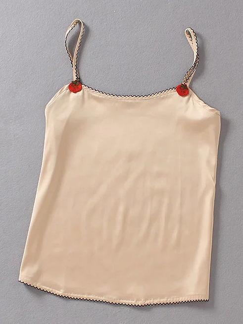 Romwe Apricot Strawberry Embroidery Spaghetti Strap Top