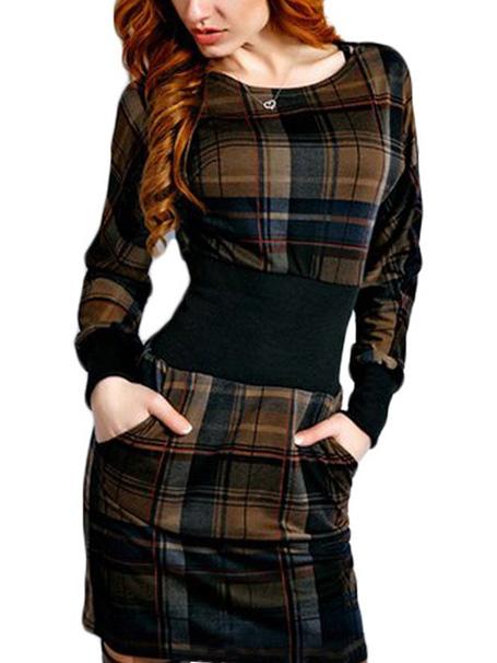 Romwe Plaid Sheath Brown Dress With Pockets