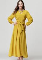 Romwe Maxi Chiffon Yellow Dress With Belt