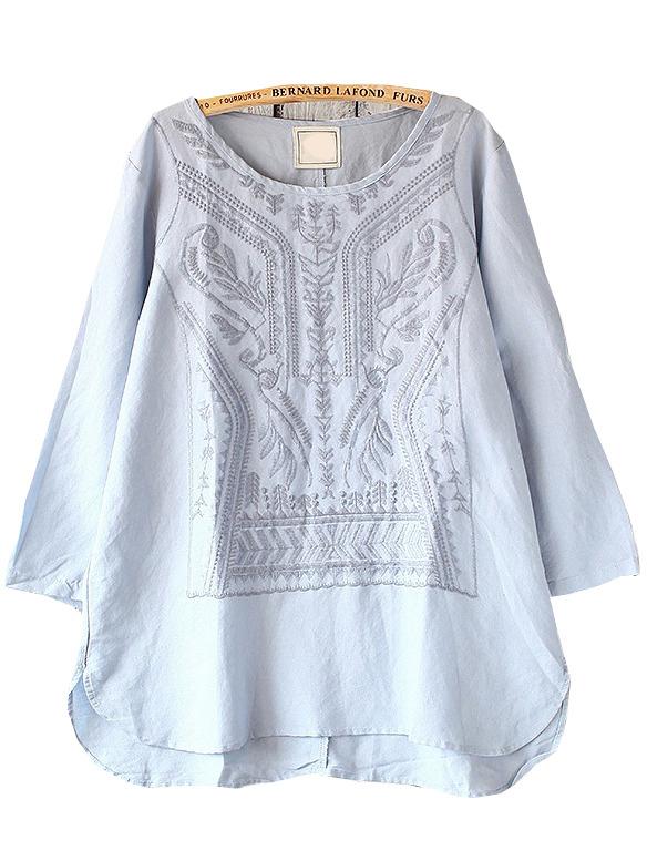 Romwe Pale Blue Geometric Embroidery Dip Hem Blouse