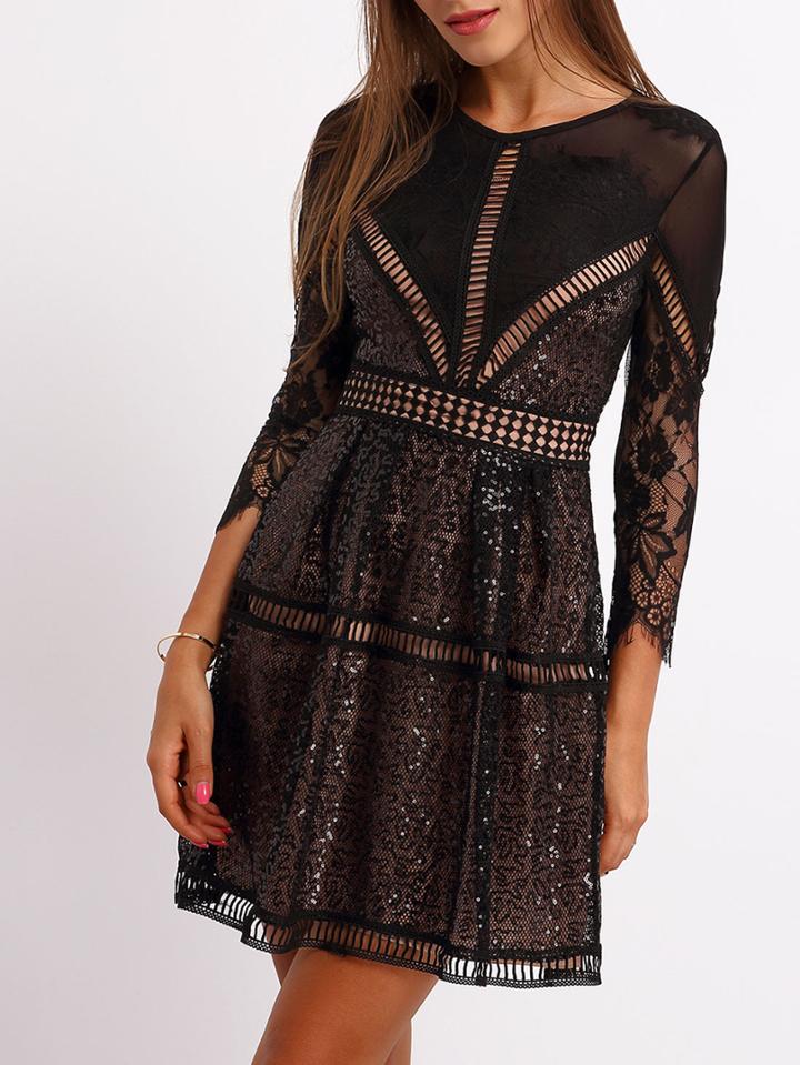 Romwe Black Crew Neck Hollow Lace Dress