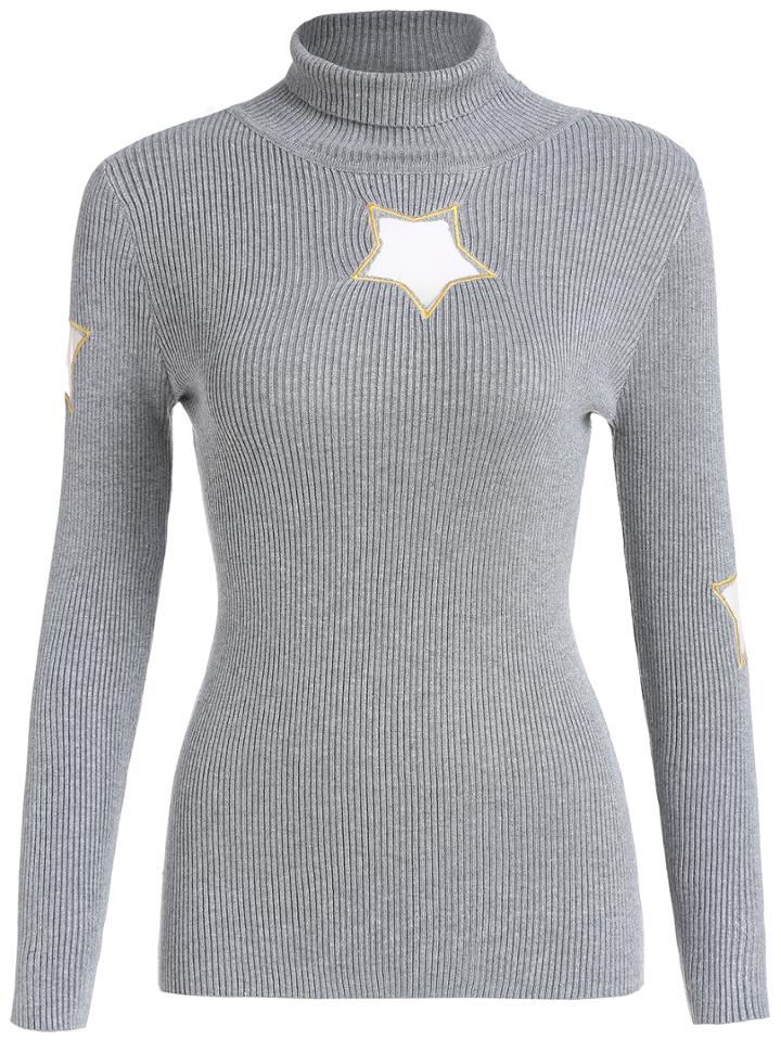 Romwe Turtleneck Stars Embroidered Hollow Slim Knitwear