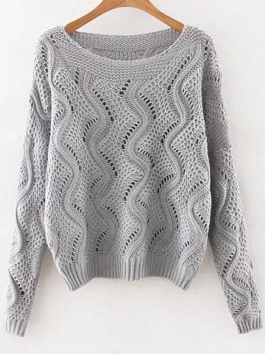 Romwe Grey Round Neck Hollow Out Sweater