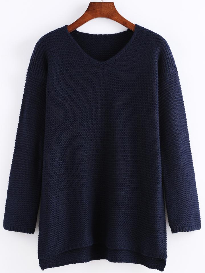 Romwe V Neck Dip Hem Navy Sweater