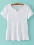 Romwe White V Neck Short Sleeve Rib T-shirt