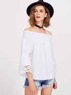 Romwe Lace Trim Fluted Sleeve Shirred Bardot Top