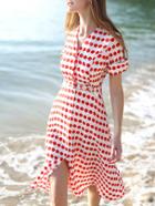 Romwe Red White V Neck Short Sleeve Polka Dot Drawstring Dress