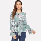 Romwe Floral Print Self Belted Blouse