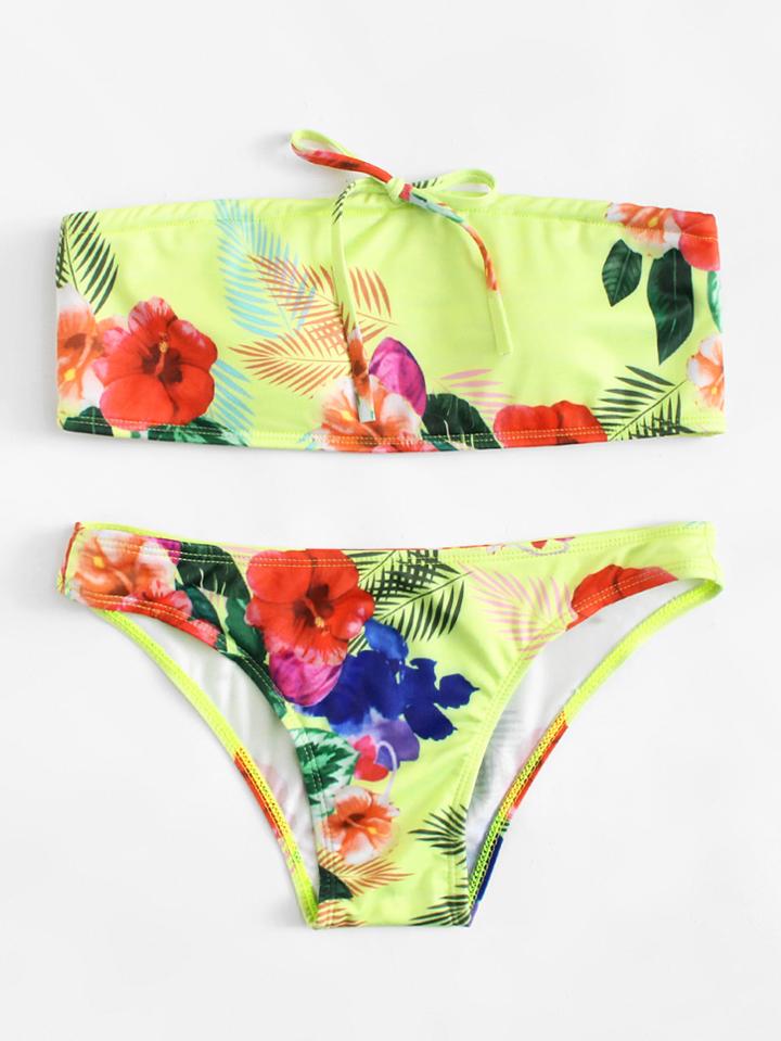 Romwe Flower Print Drawstring Bikini Set