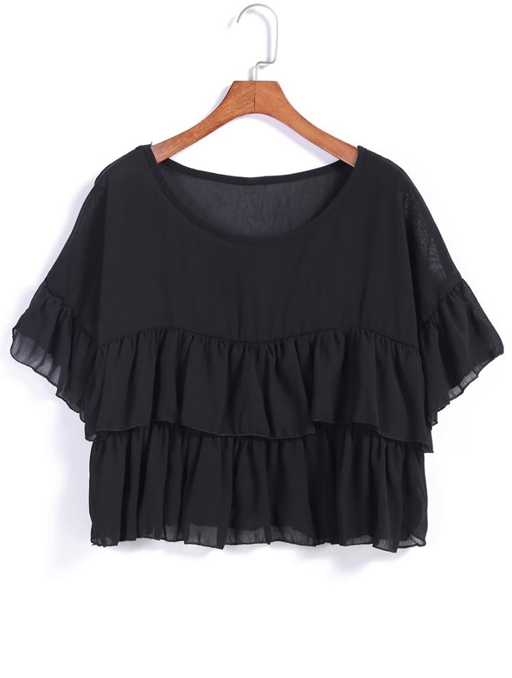 Romwe Ruffle Chiffon Black Top