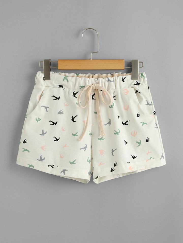 Romwe Drawstring Waist Swallows Print Shorts