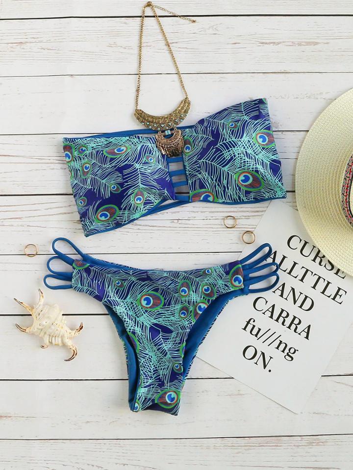 Romwe Blue Feather Print Ladder Cutout Bandeau Bikini Set