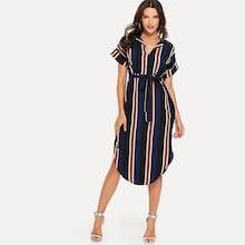 Romwe Block-stripe Curved Hem Shirt Dress