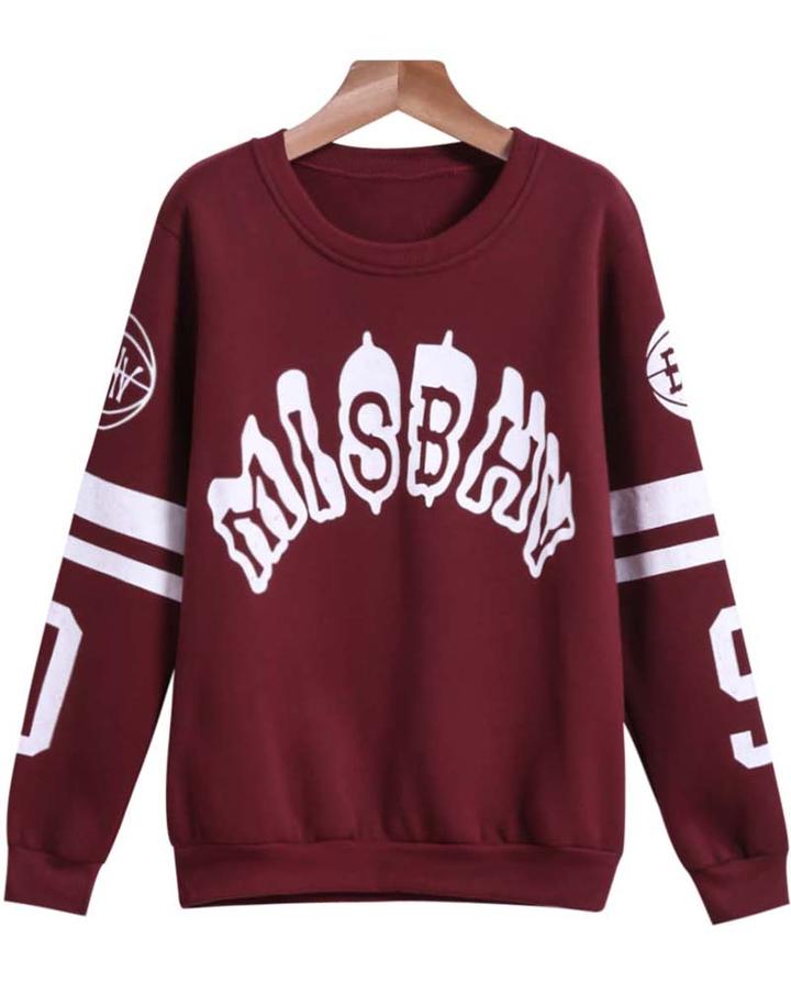 Romwe Wine Red Long Sleeve Letter Print Sweatshirt