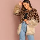 Romwe Contrast Faux Fur Leopard Coat