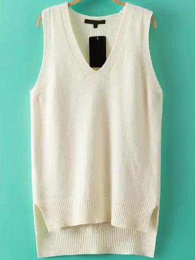 Romwe V Neck Dip Hem Knit Beige Vest