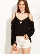 Romwe Black Lace Trim Keyhole Cold Shoulder Blouse