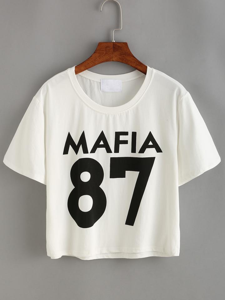 Romwe Varsity Print T-shirt - White