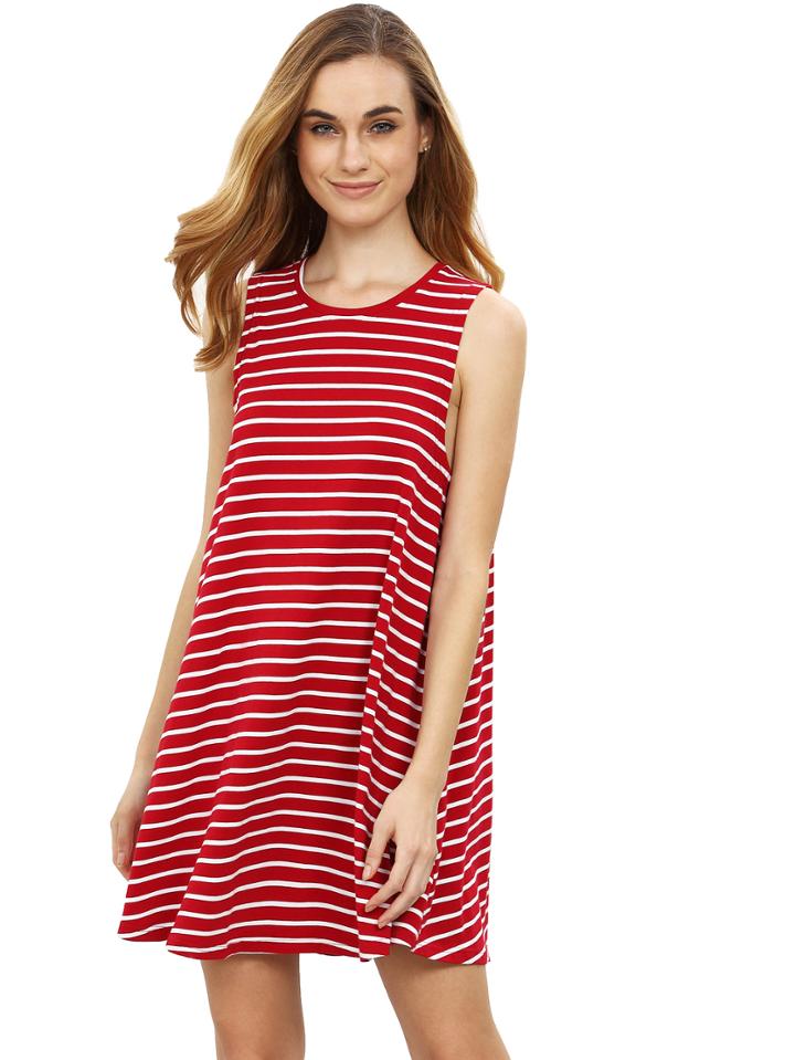 Romwe Maroon Striped Sleeveless Dress