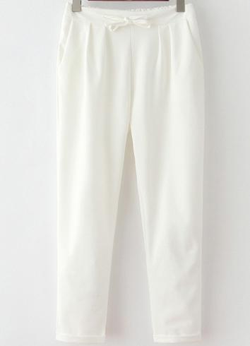 Romwe Drawstring Cuffed Slim White Pant