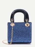Romwe Blue Chain Detail Sequin Handbag With Double Handle
