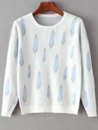 Romwe Round Neck Leaves Print White Sweater