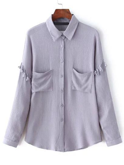 Romwe Fringe Blue Blouse With Pockets