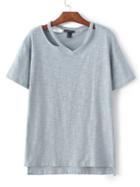 Romwe Grey V Neck Cut Out Casual T-shirt