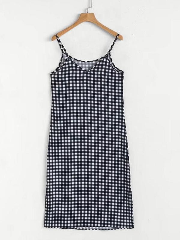 Romwe Side Slit Gingham Cami Dress