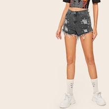 Romwe Ripped Raw Hem Studded Grommet Trim Denim Shorts