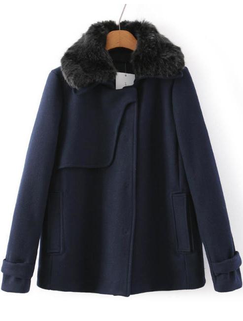 Romwe Navy Short Coat With Fur Collar