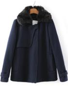 Romwe Navy Short Coat With Fur Collar