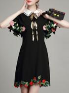 Romwe Black Lapel Embroidered Sequined Dress