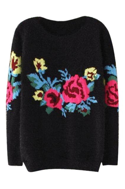 Romwe Floral Knitted Mohair Black Jumper