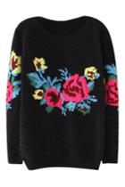 Romwe Floral Knitted Mohair Black Jumper