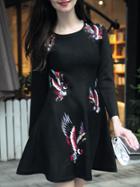 Romwe Black Round Neck Long Sleeve Patch Embroidered Knit Dress