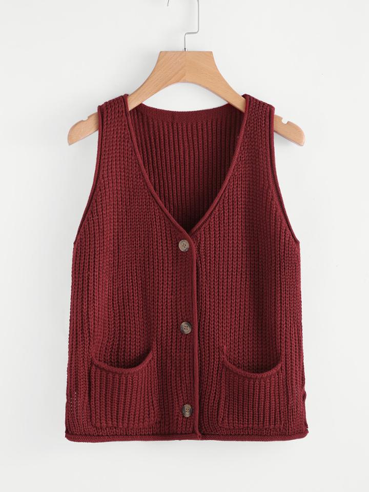 Romwe Dual Pocket Single Breasted Knit Top