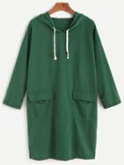 Romwe Green Drop Shoulder Dual Pocket Drawstring Hooded Sweatshirt Dress