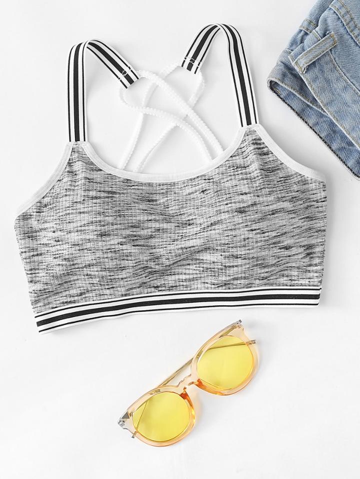 Romwe Striped Hem Criss Cross Back Crop Top