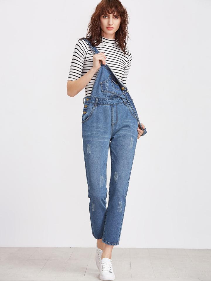 Romwe Bleach Wash Denim Overalls