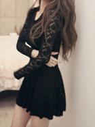 Romwe Black Round Neck Long Sleeve Lace Dress