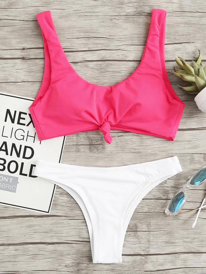 Romwe Two Tone Knot Front Bikini Set
