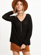 Romwe Black V Neck Mixed Chain Front Sweater