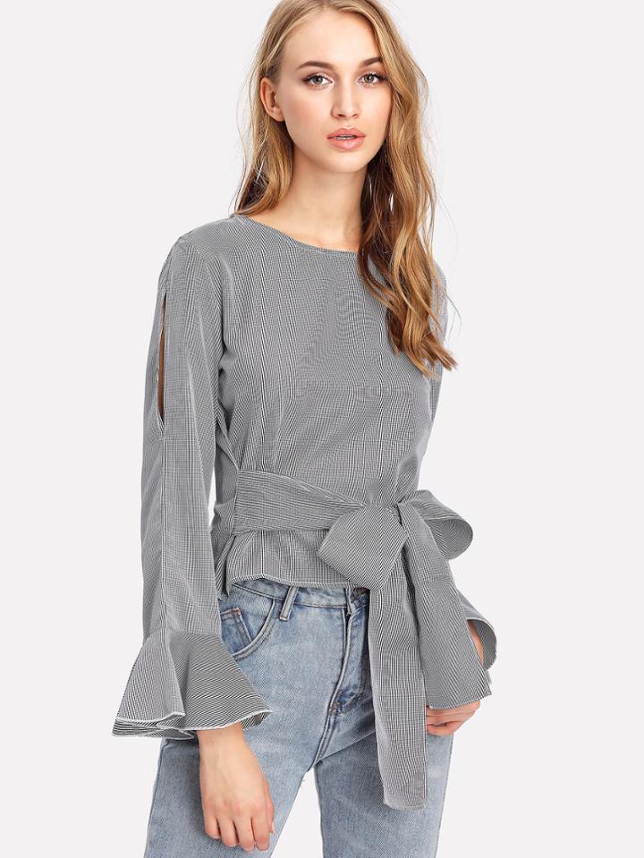 Romwe Tie Waist Flounce Sleeve Stripe Tee